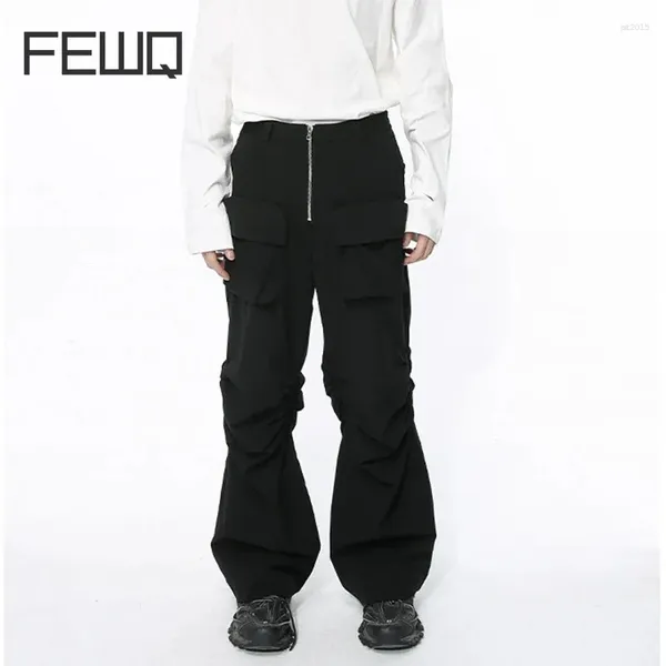 Pantaloni da uomo FEWQ High Street Tasca Cargo Maschile 2024 Tendenza Estiva Pantaloni Casual Allentati di Colore Solido Irregolare Cerniera 9C5215