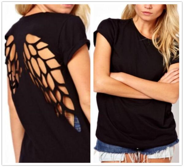 Nova moda verão casual t camisa feminina laser asas de anjo sem costas t camisa mulher roupas oneck camiseta topos m1814824115