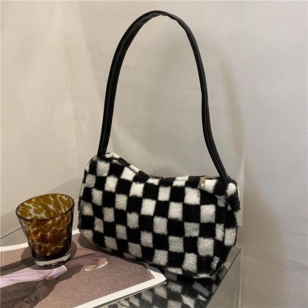 Omuz çantaları moda ekose tote öğrenci küçük kare çanta taklit kuzu rahat peluş el çantaları alışveriş kadınlar bolso de hombro