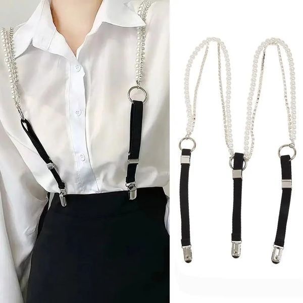 Suspensórios femininos ajustáveis DuckMouth Clip Slim Skinny Belts Pearl Chain Outer Wear Elastic 240326