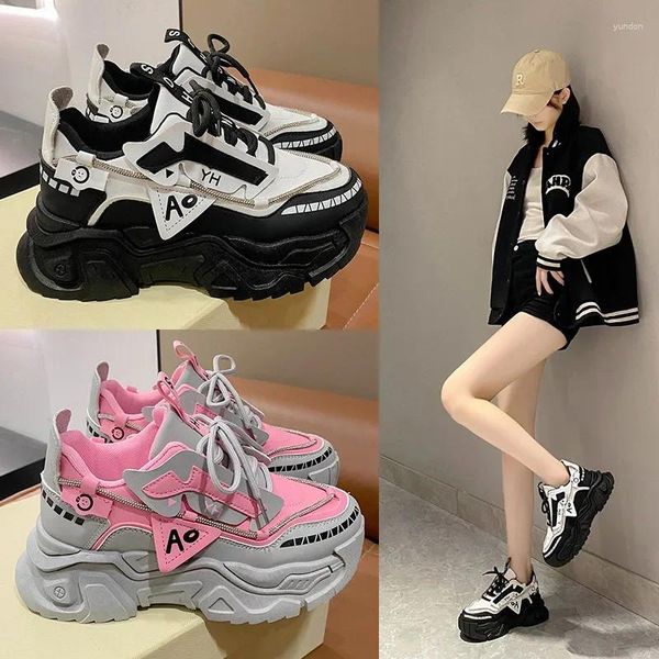 Sapatos casuais femininos de fundo grosso chunky tênis coreano feminino plataforma rendas até respirável primavera outono mulher vulcanizar zapatos mujer