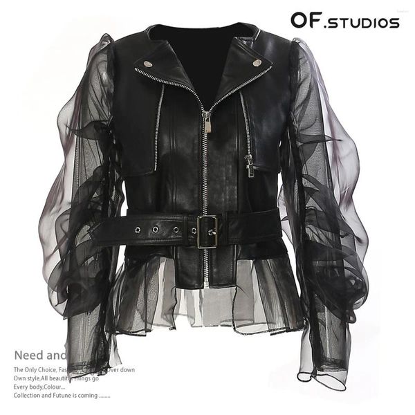 Studios 2024 moda preto emenda malha ver através de casaco de couro jaqueta de motociclista mulheres atacado