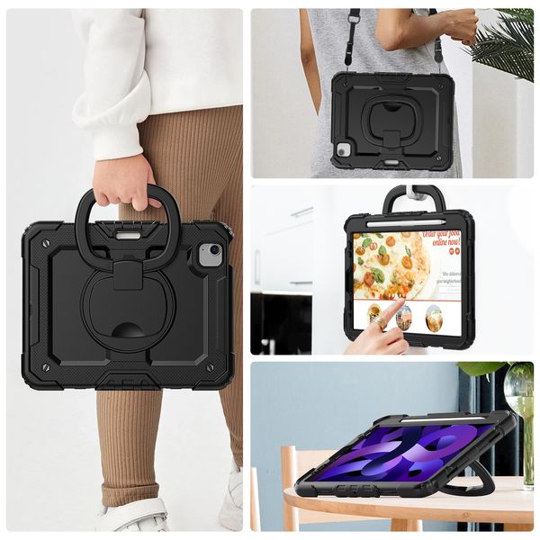 Para iPad Air4 Air5 Pro 11 polegadas Crianças Capas à prova de choque Suporte giratório com alça para tablet Capa protetora híbrida resistente de corpo inteiro com película PET + alça de ombro