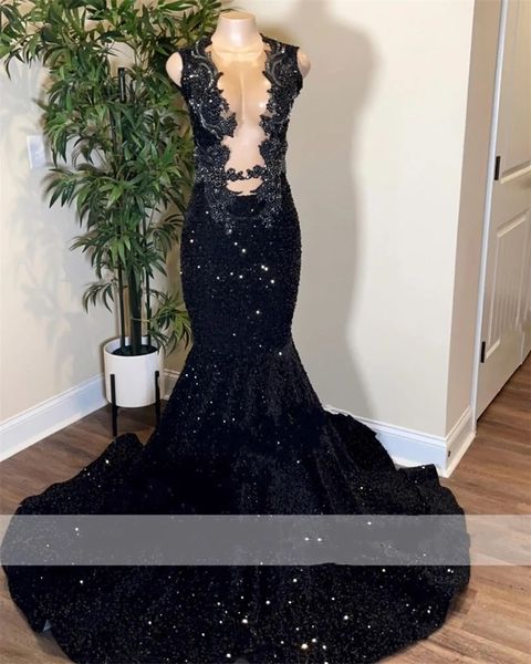Luxus schwarze Pailletten Ballkleider 2024 Perlen Strass Pailletten Kleid für schwarze Mädchen Abendkleider Gala Party