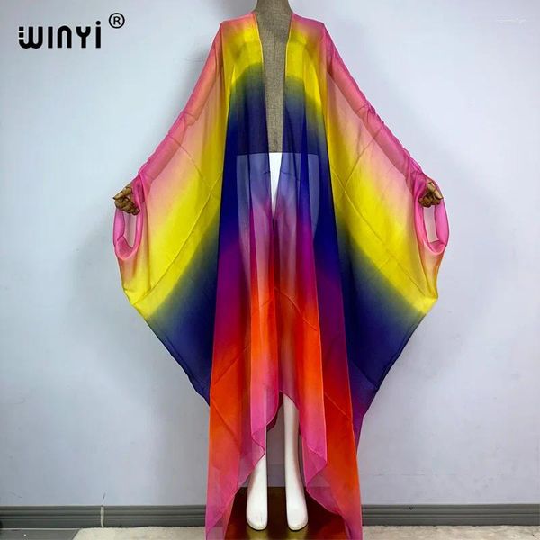 Kimono África Boho Arco-íris Impresso Sexy Perspectiva Até o Chão Cardigan Feriado Maxi Beach Wear Maiô Vestido de Noite