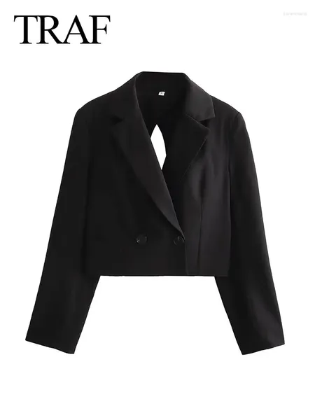 Jaquetas femininas 2024 mulher preto blazer lapela mangas compridas oco sem costas botão chique sexo vintage feminino curto casaco streetwear na moda