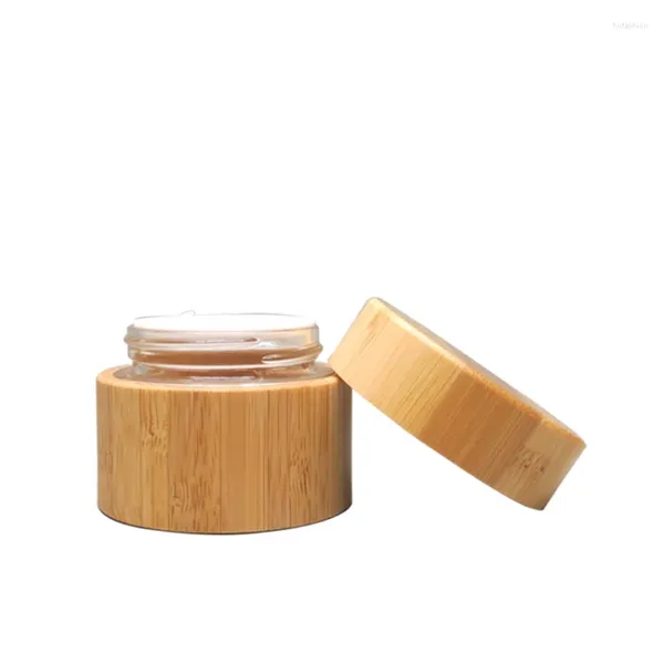 Frascos de armazenamento 10 peças, frascos de creme cosmético de madeira de bambu, embalagem de vidro interno, recipientes de maquiagem recarregáveis, potes vazios 30g