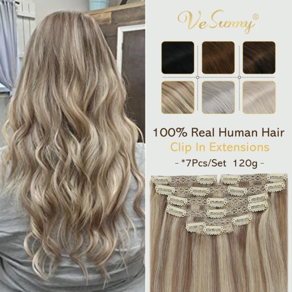 Uzantılar Vesunny Klip Saç Uzantıları Makinesi Yapımı Remy İnsan Saç 120g/7 PCS Air Ombre ve Vurgulanan Renk Üzerindeki Çift Atkı Klibi