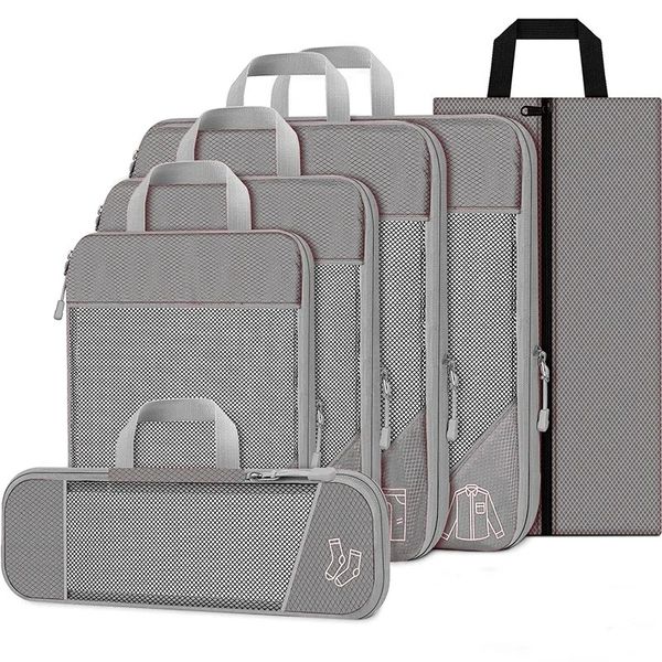 Novo 2024 6pcs compactados cubos de empacotamento organizador de armazenamento de viagens conjunto com bolsa de sapato malha visual bagagem portátil saco de mala leve