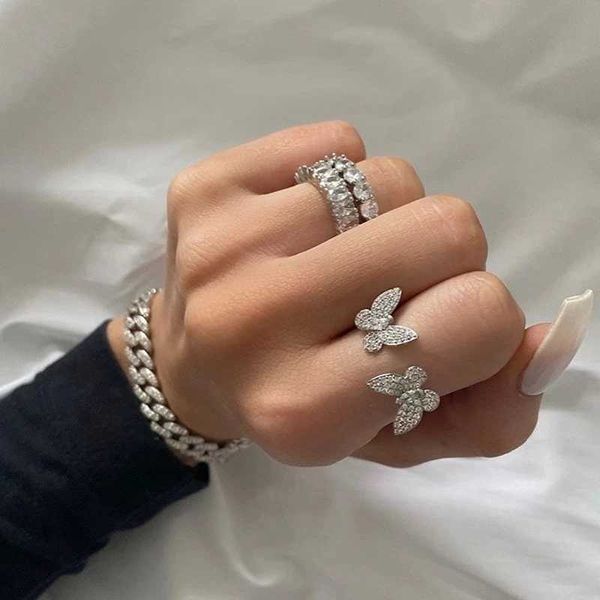 Anéis de banda 2024 verão novo aberto ajustar tamanho cz rosa cor de ouro anel 5a cz pavimentado bonito adorável duplo borboleta anéis para mulheres jóias de dedo q240402