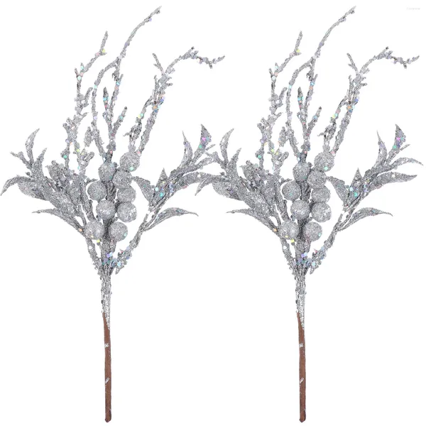 Dekorative Blumen, 2 Stück, künstliche glitzernde Weihnachtsblätter, Picks, DIY Weihnachtsbaum, Kranz, Blattstiele