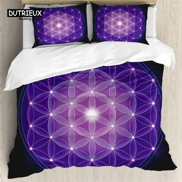 Conjuntos de cama Azul Escuro Capa de Edredão Flor da Vida com Estrelas Geometria 3 Peça Conjunto Abstrato 3D Impressão Símbolo Espiritual Sacr Quilt