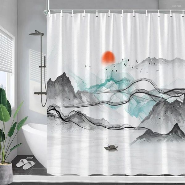 Tende da doccia Abstract Mountain Sun Forest Birds Ink Landscape Set di decorazioni per il bagno di casa in tessuto moderno e minimalista in stile cinese