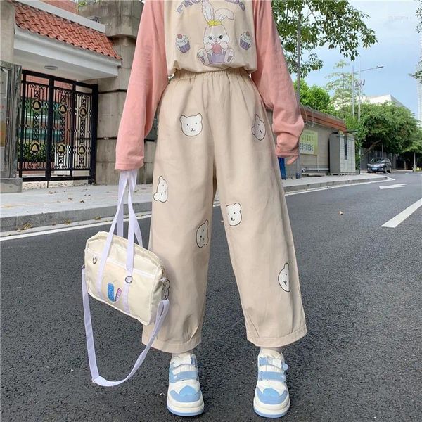 Calças femininas japonês kawaii macio menina bonito urso impressão mulheres base selvagem cintura alta calças soltas elástico casual estudante calça