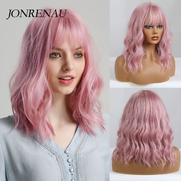 Perucas jonrenau bob curly bob peruca média longa onda natural perucas sintéticas com franja para mulheres rosa cosplay fibra de alta temperatura