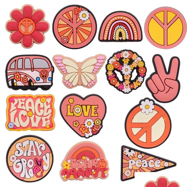 Parti di scarpe Accessori All'ingrosso 100 Pz Pvc Peace Love Bus Farfalla Mano Cuore Tacchi alti Giardino Charms Decorazioni per Bottone Clog Dh0Db