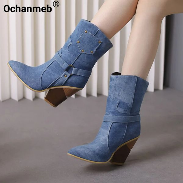 Botas ochanmeb punk rebite mulheres crocodilo botas ocidentais chunky salto alto cobra botas de cowboy de jeans azul jeans 48 inverno de outono