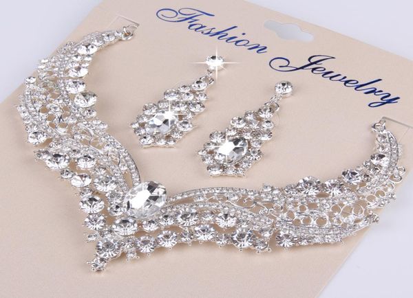 Voller Kristall Braut Hochzeit Schmuck Sets Silber Farbe Strass Frauen Ohrringe Halskette Sets Verlobung Schmuck für Bride3160709