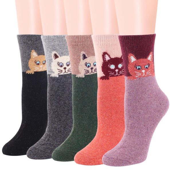 Stivali 5 paia da donna invernale Calzini in lana vintage Modello gatto animale calzini caldi spessi accoglienti calzini per stivali a tubo medio casual