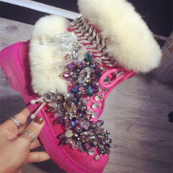 Botas Laceup Rhinestone Winter Plus Fleece Warm Classic Handmade Made Custom Shoes Fur Onepiece Boots for Women 3540