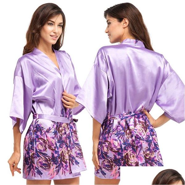 Damen-Nachtwäsche im Großhandel – kurze Satin-Brautjungfern-Robe, Y-Frauen-Blumendruck, Party-Kimono-Roben, Nachtkleid, Bademantel, Drop Dho6L