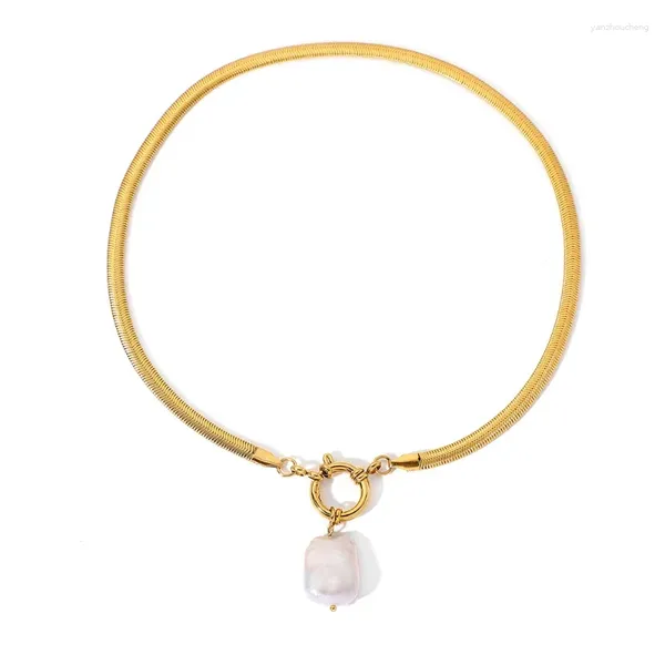 Halsketten mit Anhänger Minar Zarte einzelne barocke Süßwasserperle für Frauen 18 Karat Gold PVD-plattierter Fischgräten-Halsband aus Titanstahl