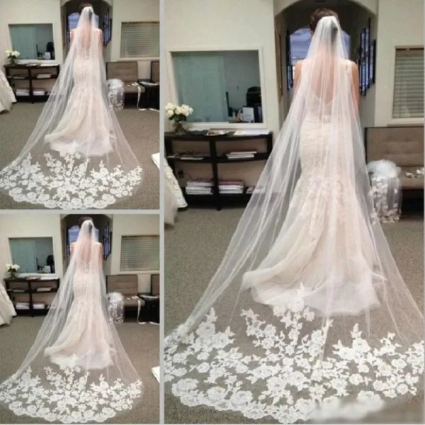 US Stock Bianco Avorio Bordo in pizzo Veli Cattedrale Lunghezza Velo da sposa da sposa 1 livello Lungo Voile Mariage Tulle Veu De Noiva CPA219