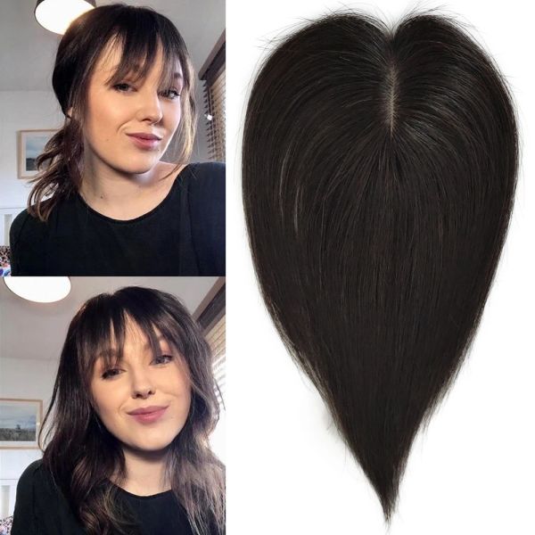 Franja 5x8 cm base de pele de seda europeia virgem cabelo humano franja 4d topper de cabelo com franja para mulheres 20 cm couro cabeludo superior peruca preto