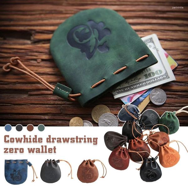 Sacos de armazenamento Bolsa de moedas de couro genuíno Estilo Chinês Fu Bênção Saco Mulheres Homens Vintage Handmade Pequeno Cordão Bolso Chave