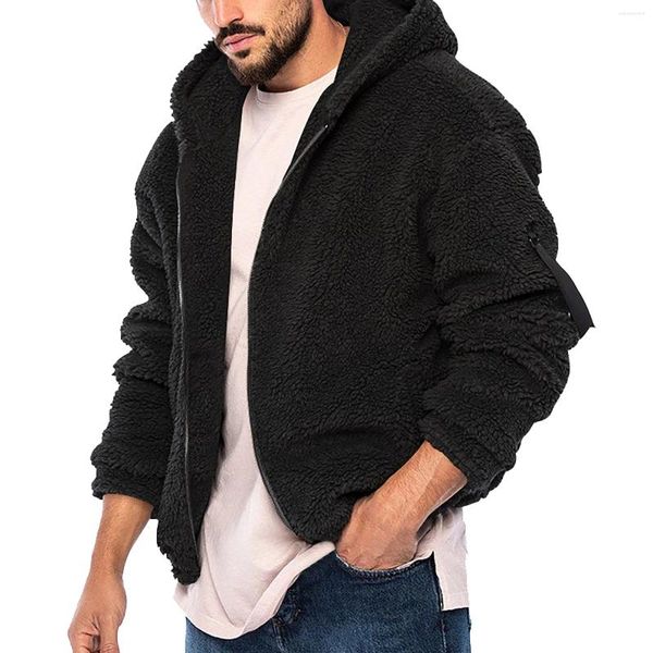 Giubbotti da uomo Giacca con zip Cappotti fuzzy in pelliccia Uomo Autunno Inverno Tasche a maniche lunghe con cerniera con cappuccio Cerniera in pile caldo e sciolto all'aperto