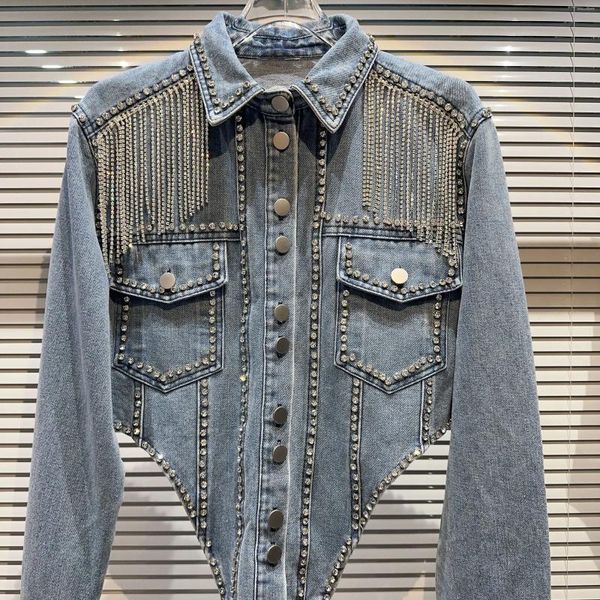 Damenjacken Schwere Denim Diamant Kette Jacke Frauen 2024 Frühling Cowboy Mantel Damen Lange Taille Quaste Flut Kurze Femme