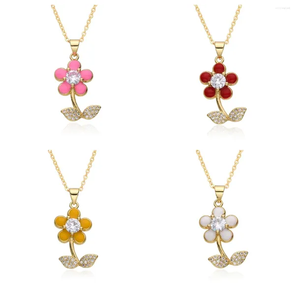 Anhänger-Halsketten, Französisches Alltagskleid, Blume mit Blatt-Strasssteinen, Bling, niedliche Kupfer-Goldene Damen-Chock-Halskette
