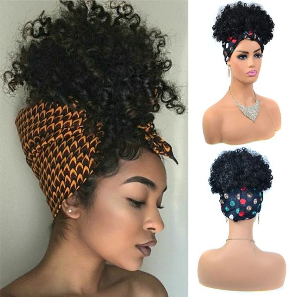 Perucas fofas fofas perucas para mulheres negras curtas afro kinky curly headwrap peruca alta temperatura natural síntética de banda de cabeça peruca