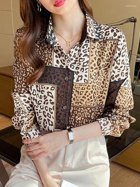 Blusas femininas leopardo y2k magro camisa feminina rua solta moda de mangas compridas feminino simples chiffon ins chique retro mulher topo