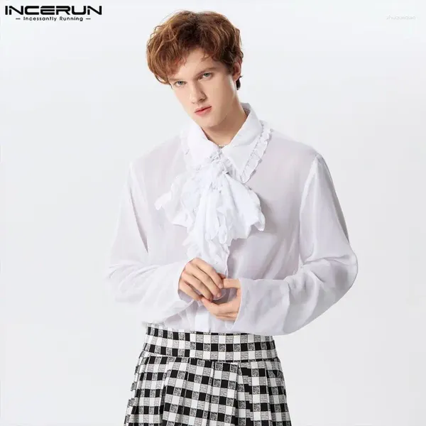 Camisas casuais masculinas Incerun camisa masculina cor sólida chiffon transparente plissado lapela manga comprida roupas streetwear 2024 moda solta