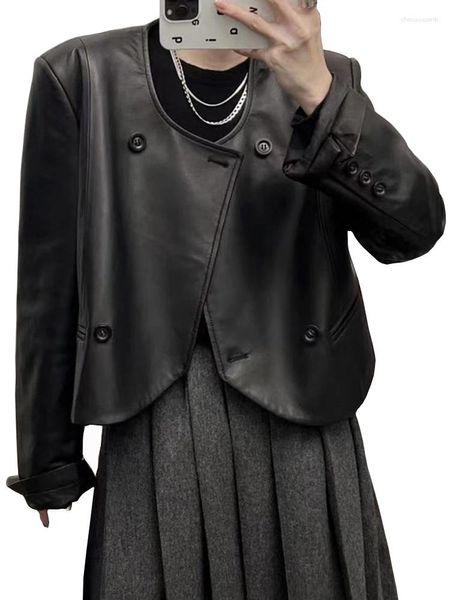 Giacche da donna Streetwear Casual giacca in PU nero donna 2024 coreano allentato O collo cappotto basic per donna Bomber