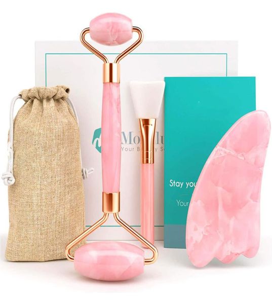 Massaggiatore per il viso Rullo di giada originale e set Gua Sha Rulli Rullo per il viso 100 Massaggiatori al quarzo rosa naturale per la pelle Occhi Collo8377424