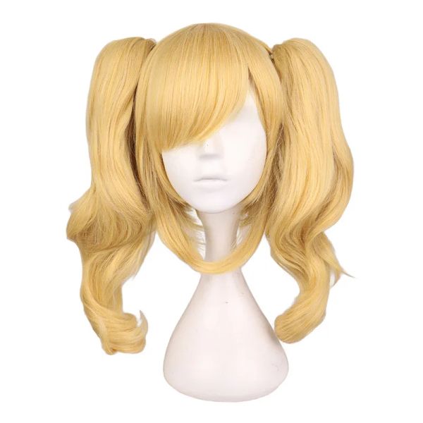 WIGS QQXCAIW LONG WAVY COSPLAY Смешанный светловолосочный парик с 2 хвостами Синтетические парики волос