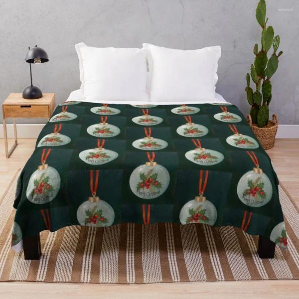 Coperte Ornamento Di Natale Con Nastro Rosso Agrifoglio E Bacche Coperta Morbida Grande Divano Per L'inverno