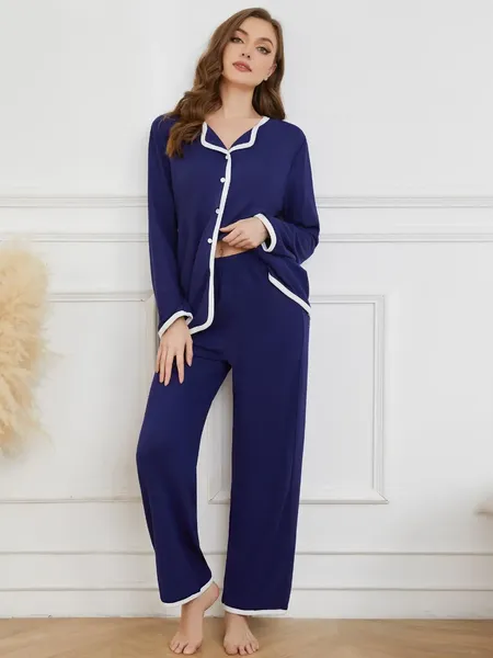 Startseite Bekleidung Pipe Tirm Damen-Pyjama-Sets mit Knopfleiste, langen Ärmeln, Umlegekragen, Oberteil, durchgehende Hose, 2-teilig, Nachtwäsche, Nachtwäsche