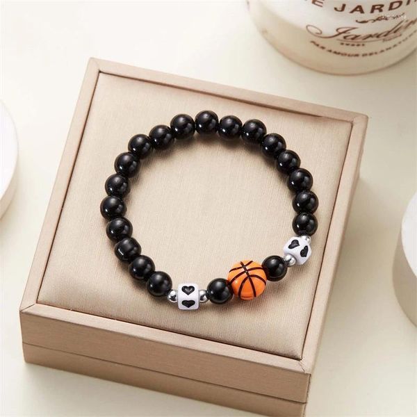 Charme pulseiras moda bola de basquete frisado elástico pulseira para mulheres homens preto grânulo pulseira artesanal jóias presente 2024 na moda pulsera