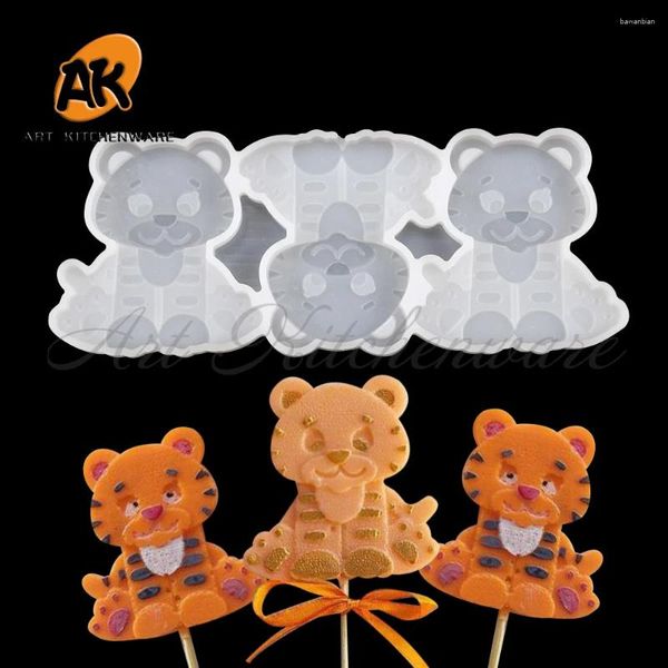 Moldes de cozimento Animal Tiger Design Pirulito Molde de Silicone Doces Bolo Topper Modelo DIY Chocolate Fondant Molde Ferramentas de Decoração Bakeware