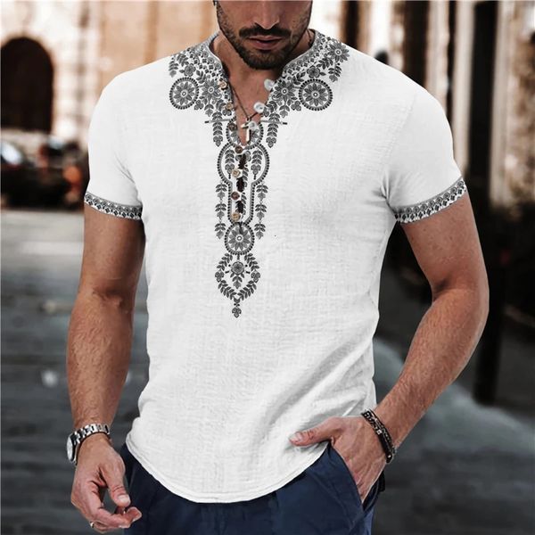 T-shirt con bottoni e scollo a V per il tempo libero Uomo Primavera Estate Moda Patchwork Modello Stampa Top Abbigliamento uomo Camicie casual 240326