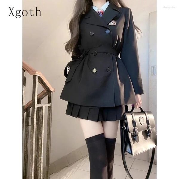 Vestidos de trabalho Xgoth Jk Saia Conjunto Lapela Solta Casacos Casuais Tops Camisas Brancas Plissadas Mini Saias Preppy Estilo Coreano Uniforme Conjuntos de Três Peças