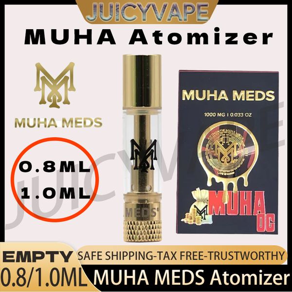 Großhandel Authentische Muha Meds Carts Vape-Kartusche leer 0,8 ml 1,0 ml Keramikspulen-Zerstäuber 510-Gewinde-Tank-Verdampfer-Verpackung 10 Stämme