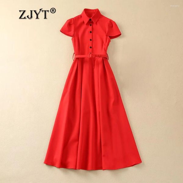 Abiti da festa ZJYT Runway Summer 2024 Camicia midi moda per donna Manica corta Colletto rovesciato Abito rosso Elegante nero