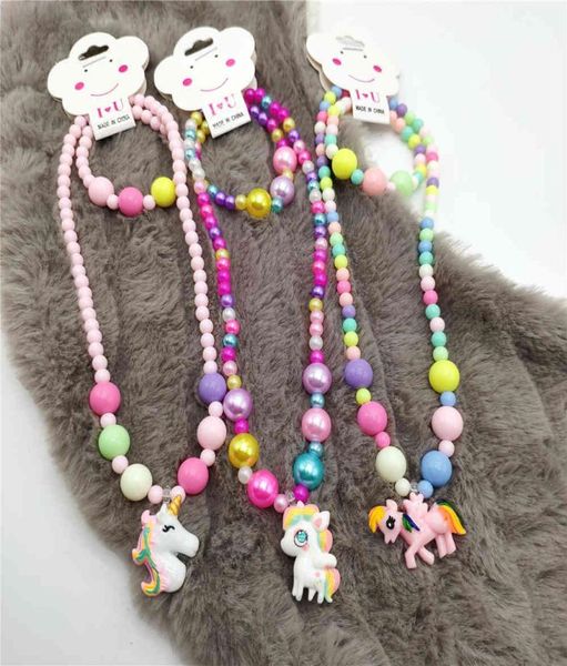 Children039s Unicorn Jewelry Collana Bracciale colorato Set Ragazze Vestire accessori7516414