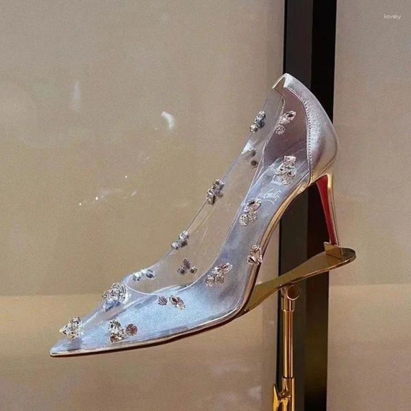 Sapatos de vestido estrela mesmo estilo 2024 primavera e outono mulheres saltos altos banquete strass transparente apontado sexy stiletto