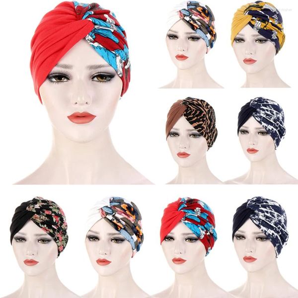 Ethnische Kleidung Print Twist Knot Turban Frauen Skullies Muslim Hijab Chemo Cap Krebs Hut Beanies Bonnet Stretch Haarausfall Kopfbedeckung