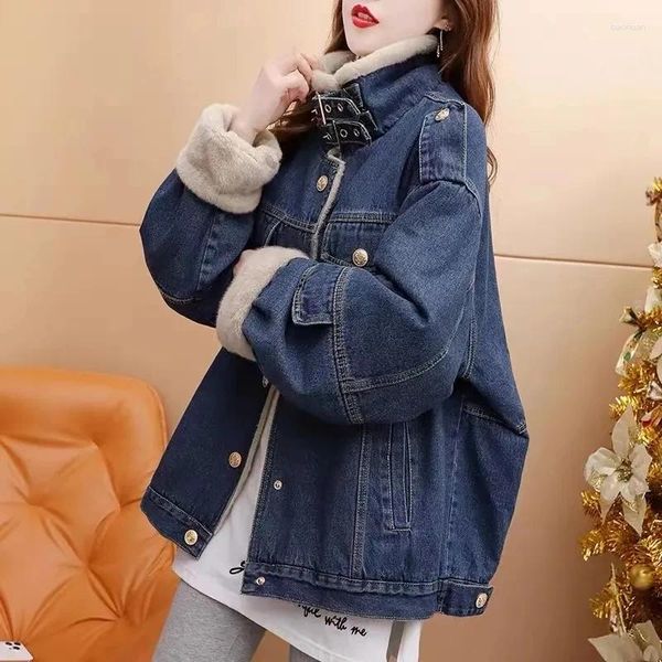 Giacche da donna Colletto alla coreana Plus Velluto Denim caldo Autunno Inverno Streetwear Cappotto jeans monopetto sciolto da neve Cappotto casual da donna